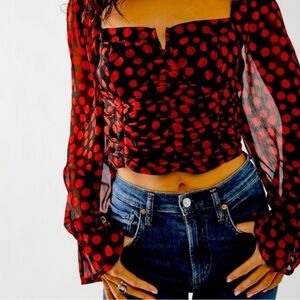Free People Red & Black Cropped Long Sleeve Top
